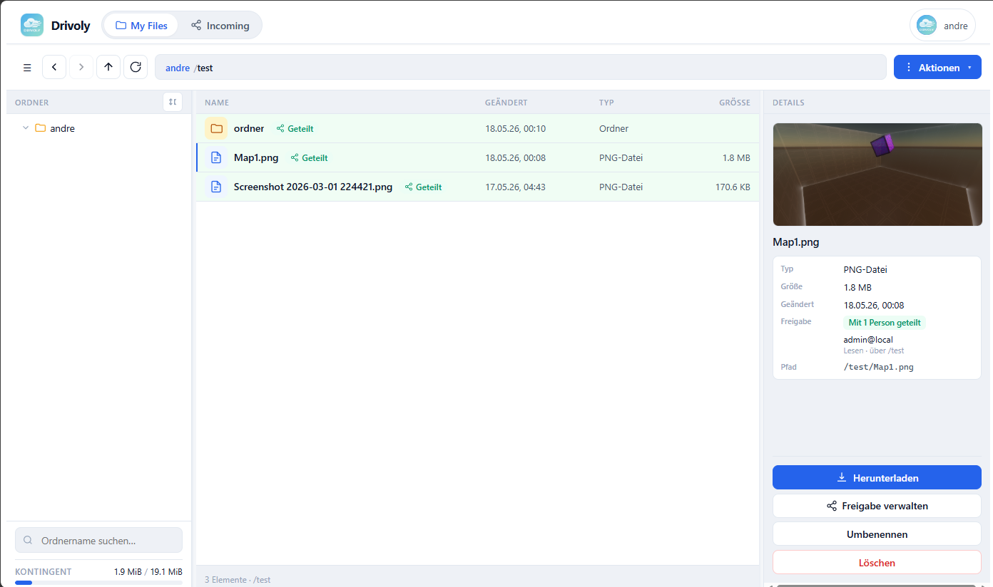 Drivoly Web-Portal mit Dateiliste, Vorschau und Freigabe-Details